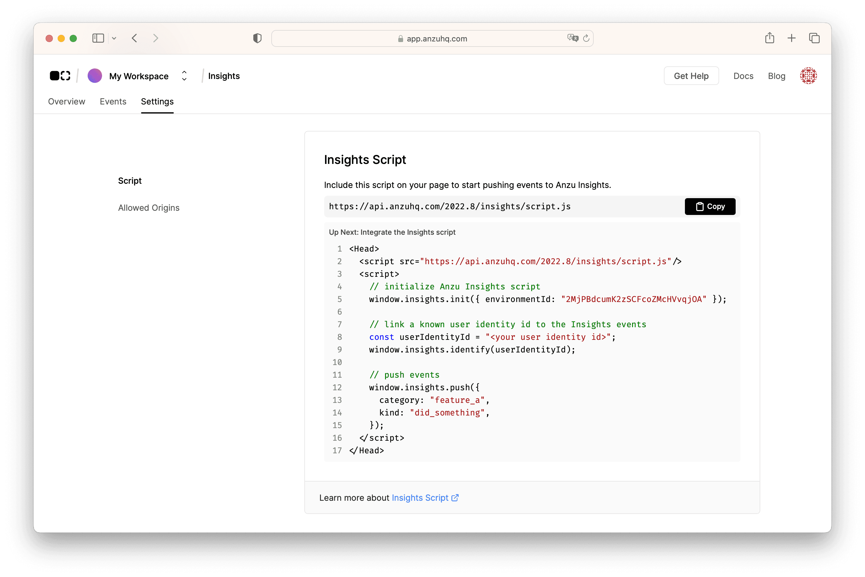 settings page