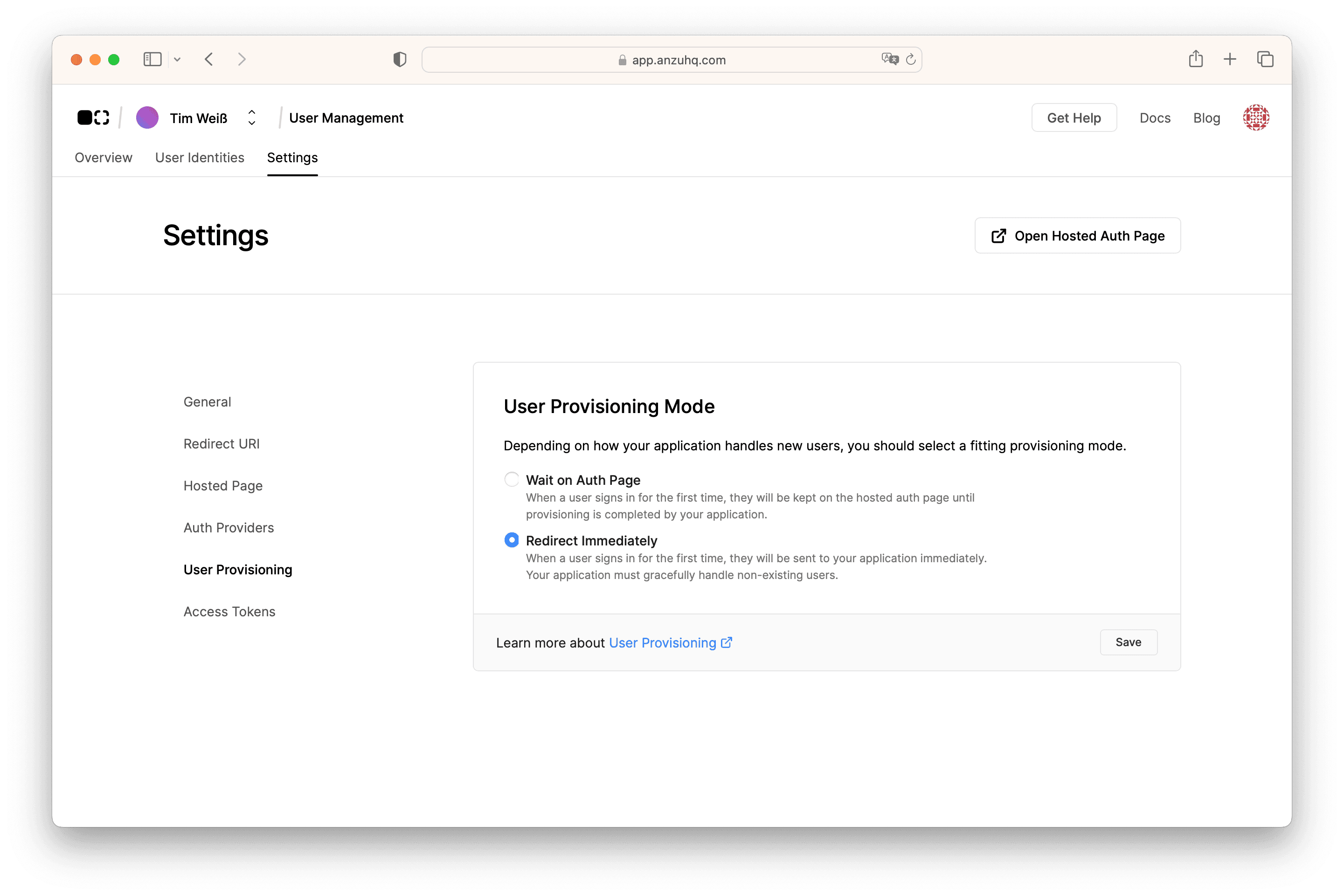 user provisioning section